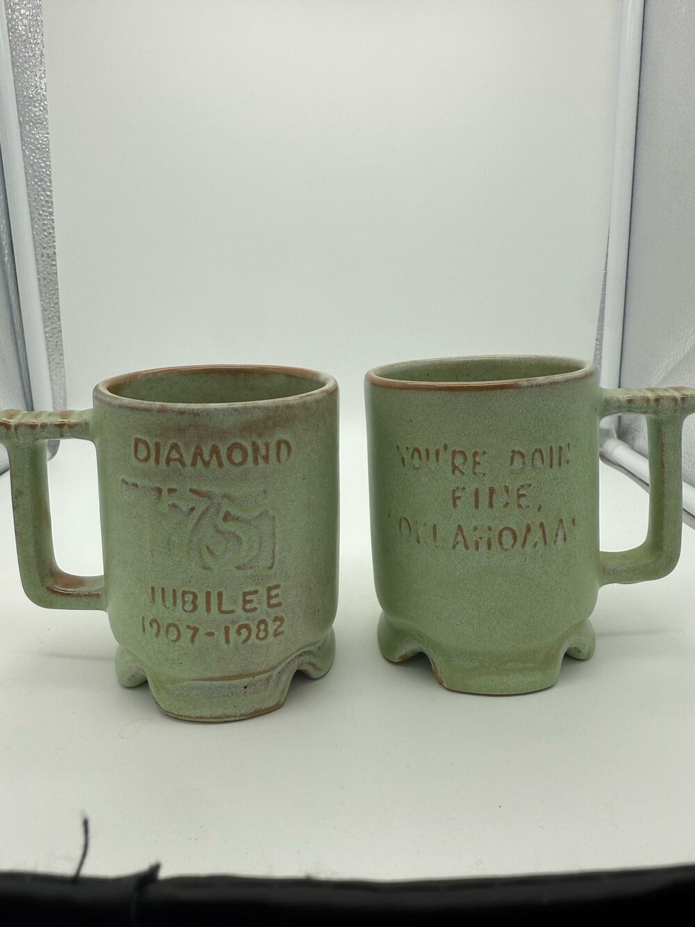 Frankoma Pottery Prairie Green Coffee Mug Diamond Jubilee 75th Aniv Oklahoma TWO